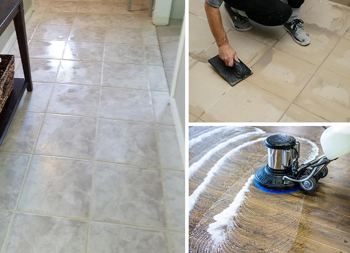 Collage of clean floor, grout sealing, and wooden floor cleaning service Collage of clean floor, grout sealing, and wooden floor cleaning service
