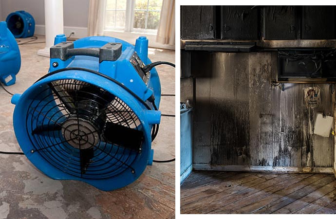 Collage image of water damage and smoke odor restoration service